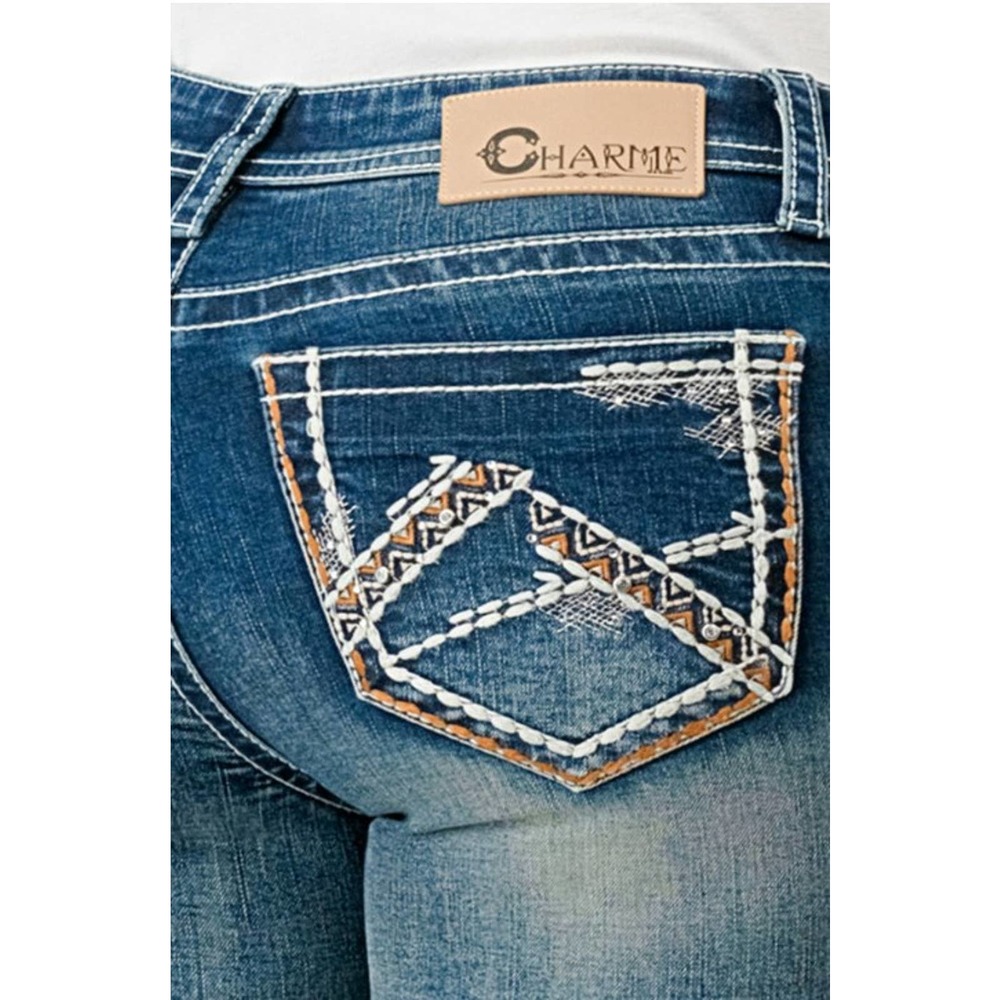 Charme by Grace in LA Women's Aztec Heavy Stitching Embroidered Bootcut Jeans